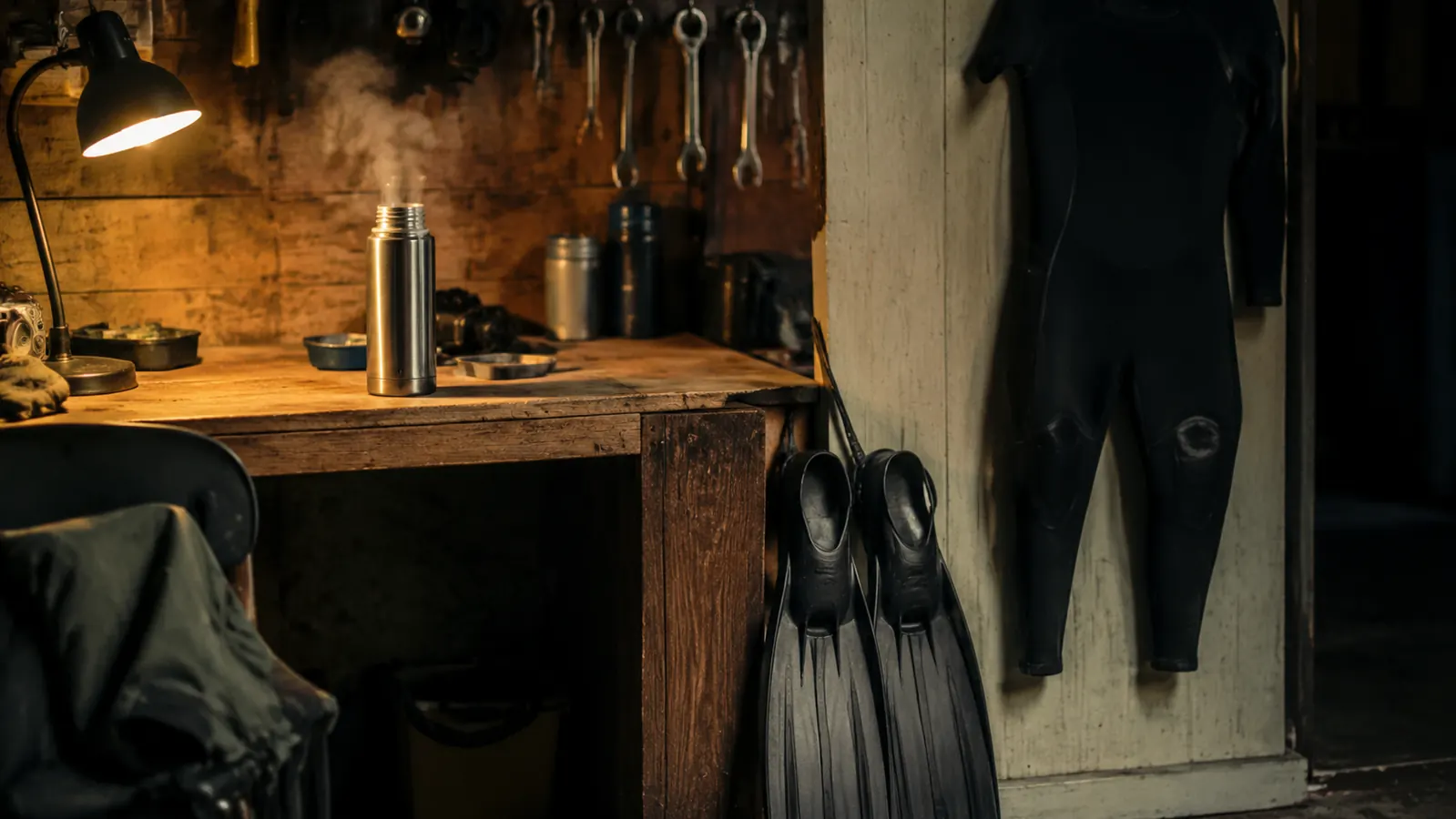 A thermos on a wooden workbench beside a pair of fins and a folded wetsuit, workshop off the dive shed