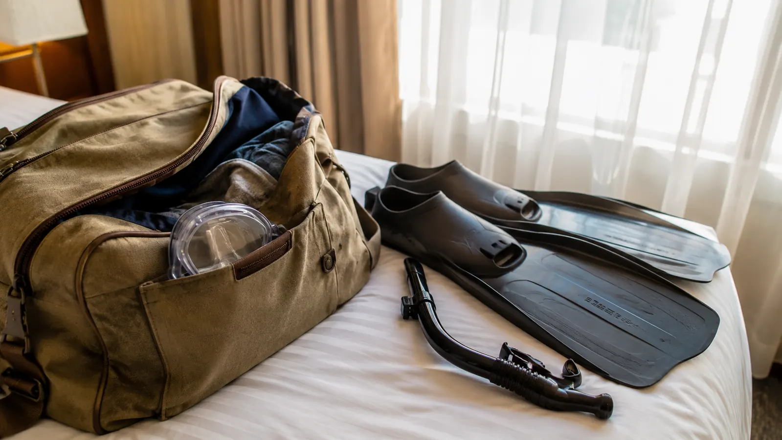 A frameless dive mask folded flat inside the side pocket of a canvas dive bag on a bed, fins and a snorkel beside it