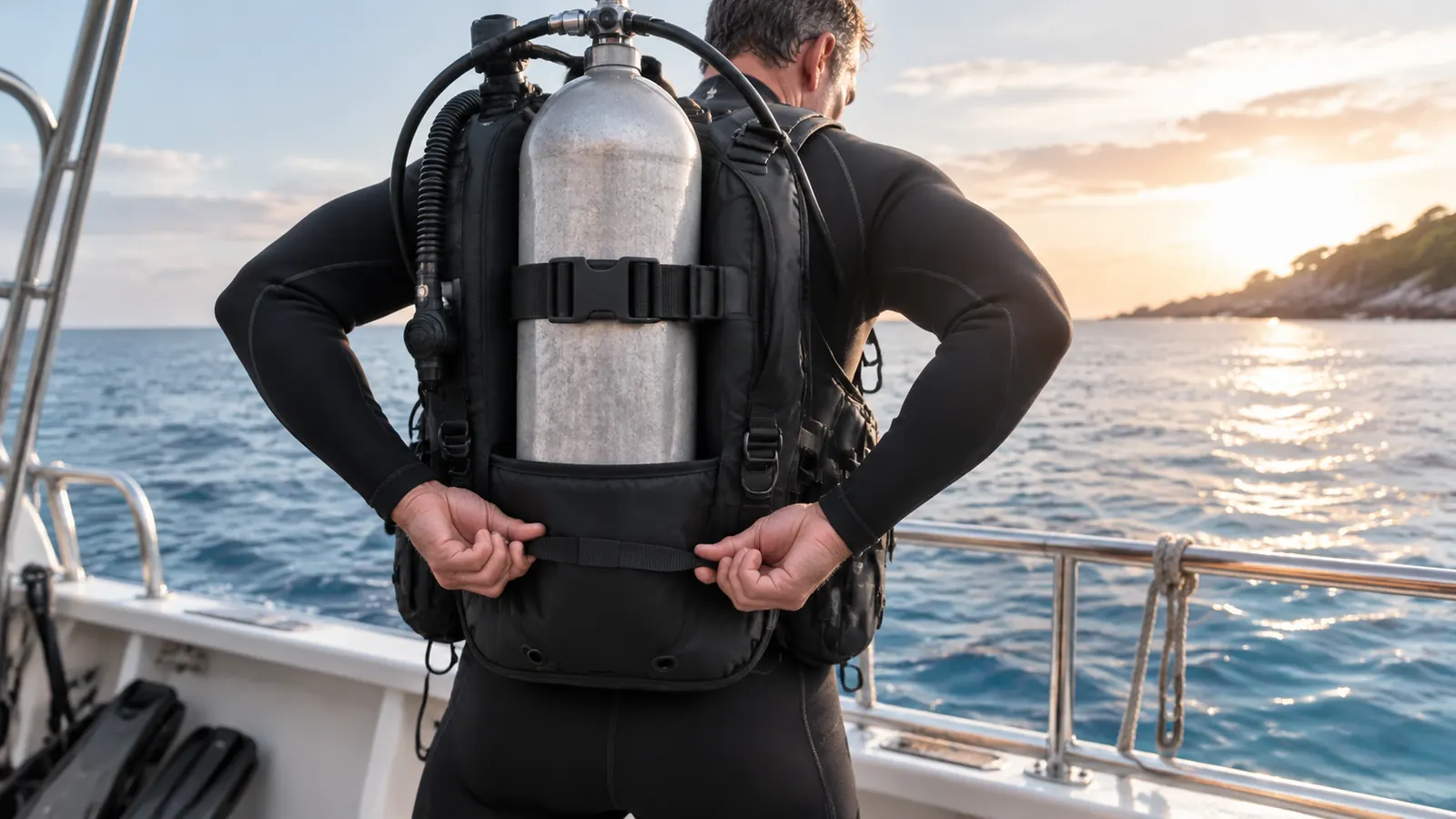 A middle-aged male diver standing on a boat deck using both hands to locate a weighted trim pocket at the small of his back on his own back-inflation BCD