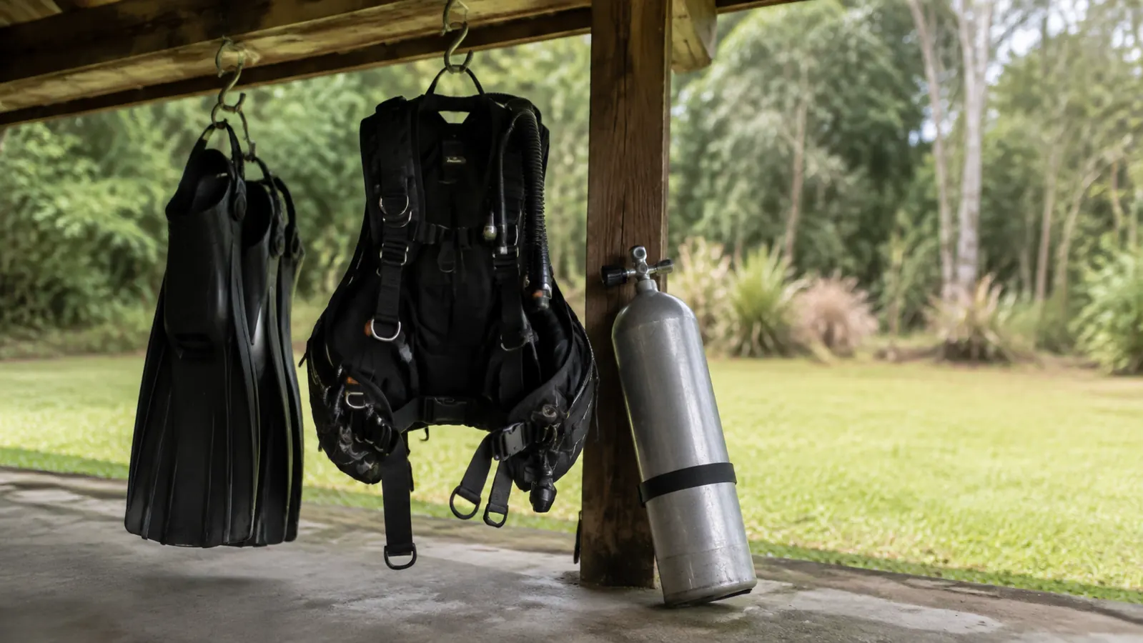 A dive BCD hanging from a hook on a covered porch next to scuba fins, drying in deep afternoon shade with grass and a treeline behind it