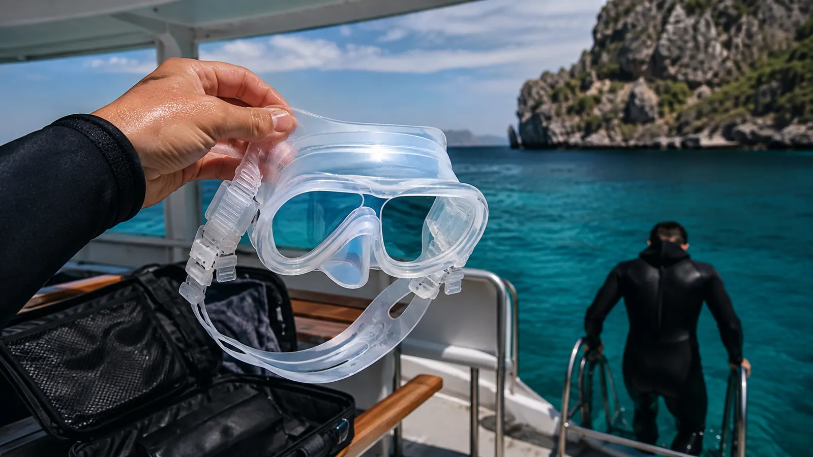 A diver's hand holding a frameless dive mask up to the light on the deck of a small boat, another diver descending the ladder behind.