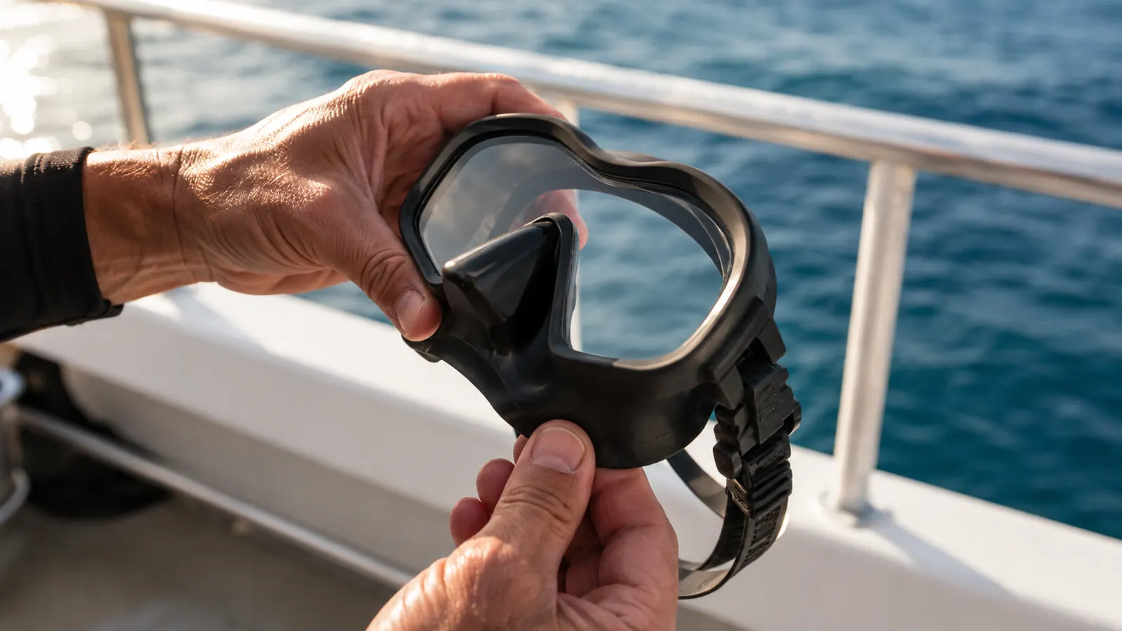A weathered hand holding the frameless Cressi F1 mask up toward the sky against a dive boat railing, checking the silicone skirt seal