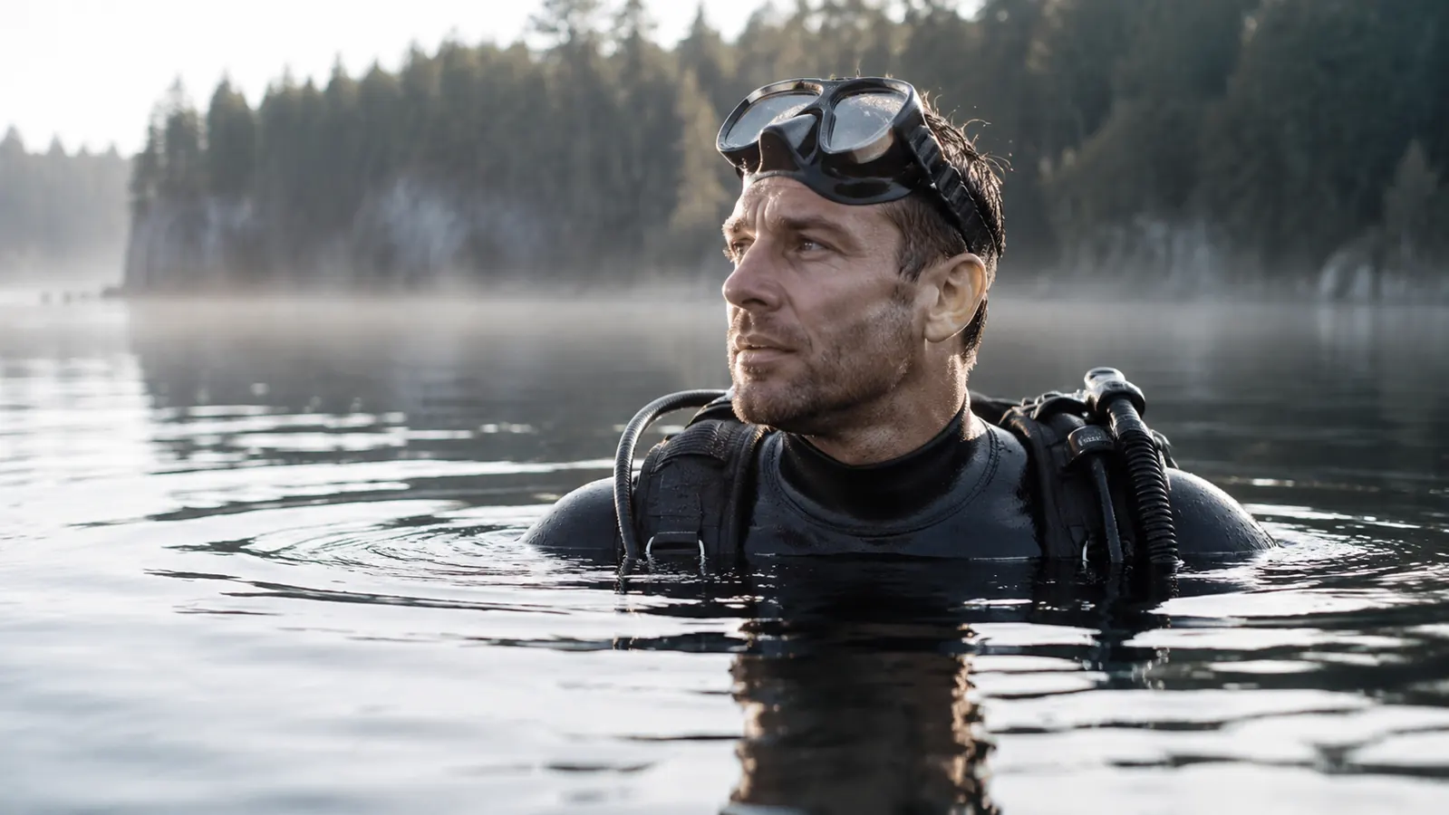 A diver floating at the surface of a calm quarry lake with a mask lifted up onto the forehead, a treeline on the far shore in soft morning haze