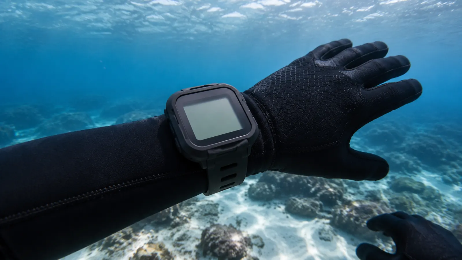 A wet gloved hand raised toward the surface in shallow water, the wrist computer riding on the forearm, blurred sea behind