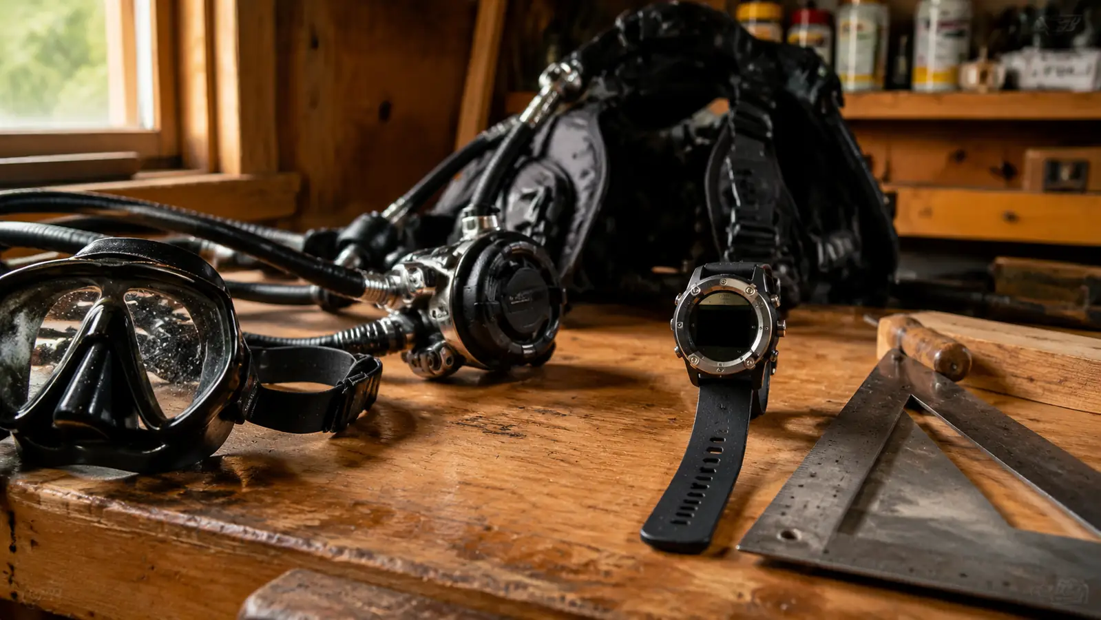 Dive gear laid out flat on a wood workbench: a scuba tank, a first stage, and a wrist computer set upright next to a framer square