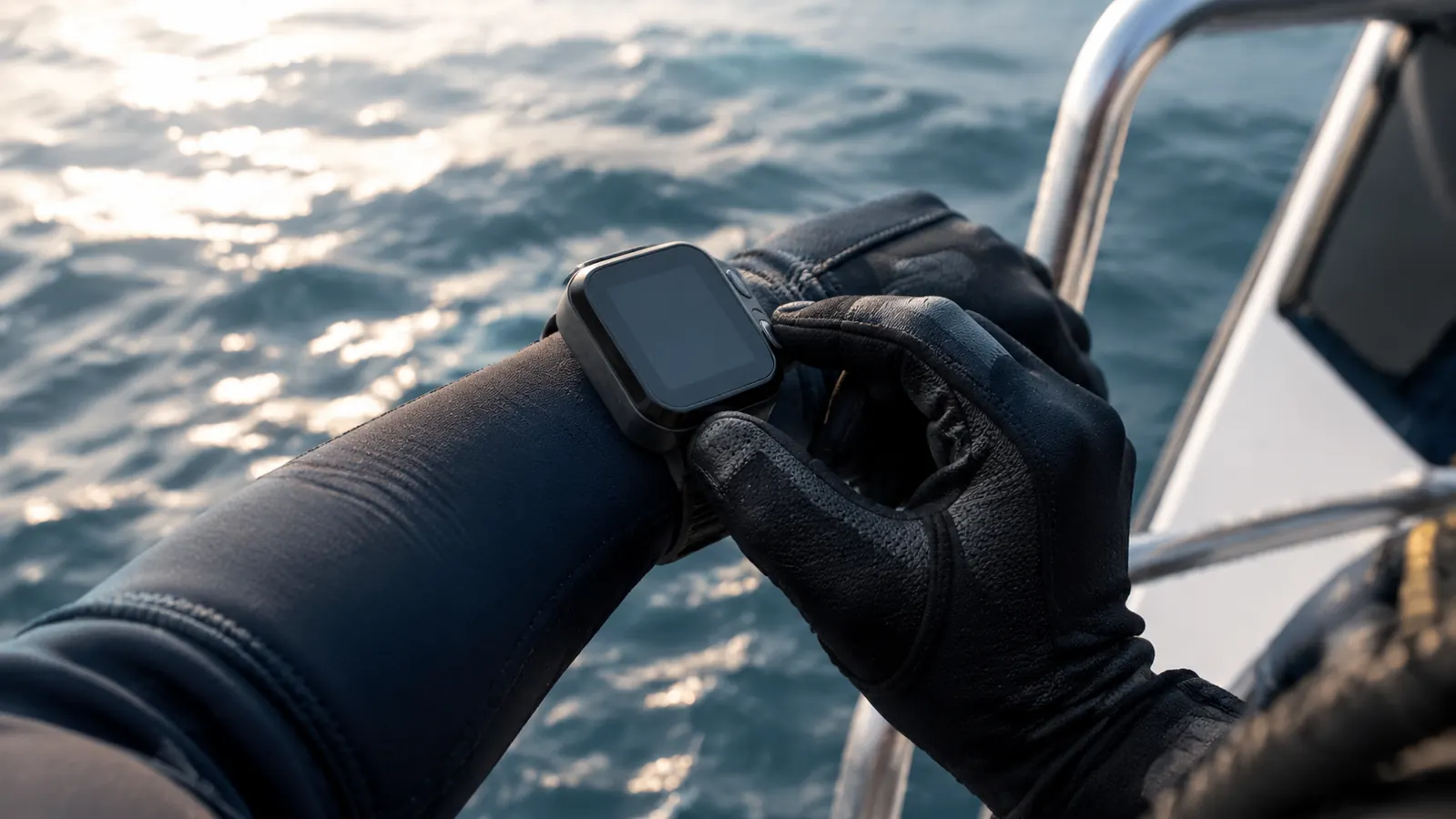 A diver's gloved hand at the surface checks the Cressi Leonardo 2.0 on the wrist between dives, pressing the single button.