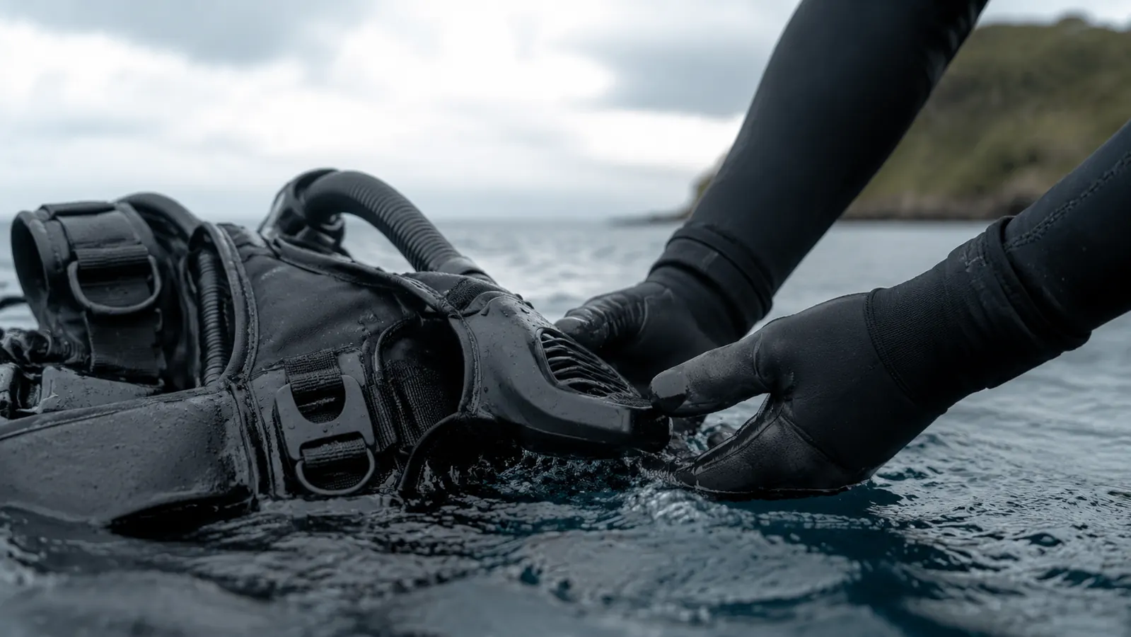 Close view of hands reaching down to the front dump valve on a Cressi Patrol BCD at the water's surface