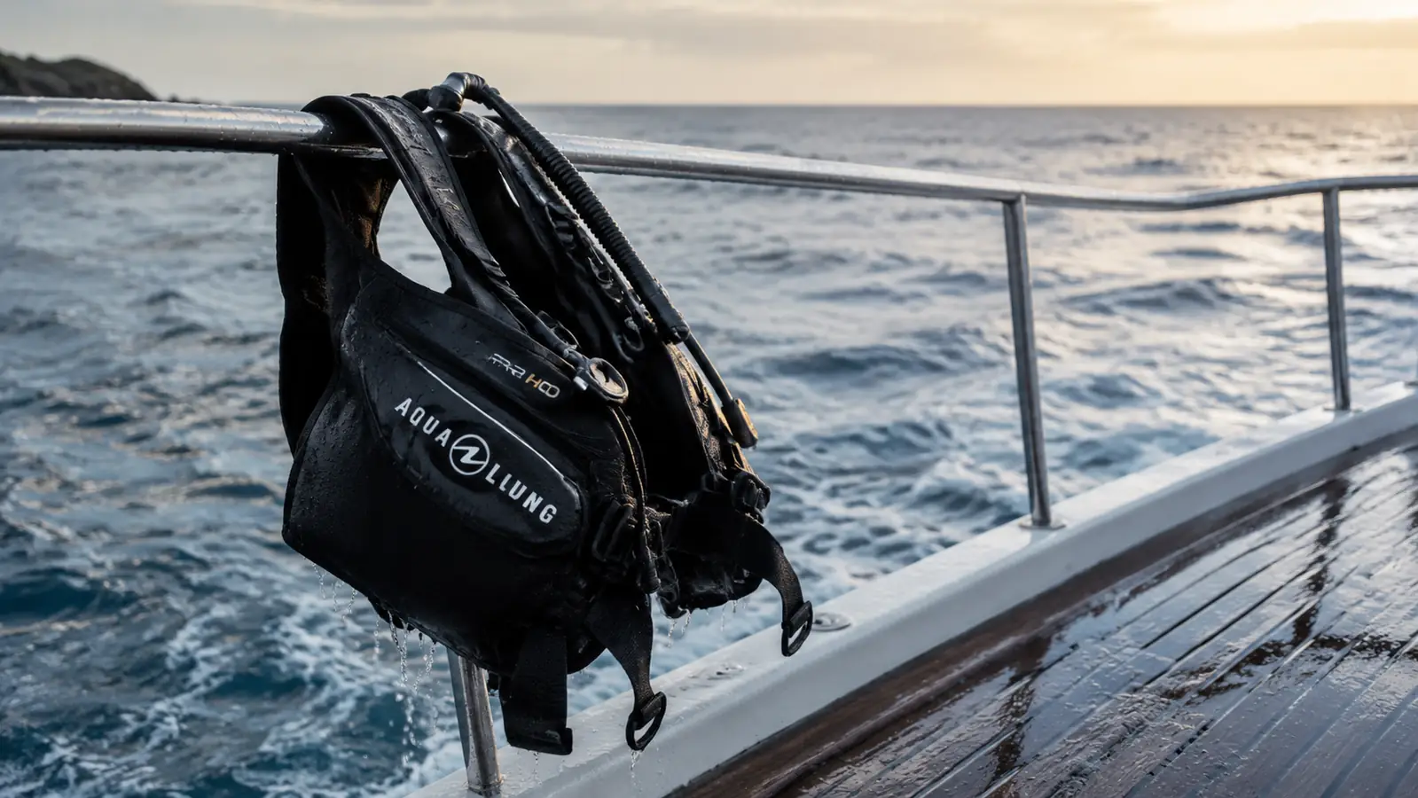 A scuba BCD hanging over a boat railing to rinse after a dive