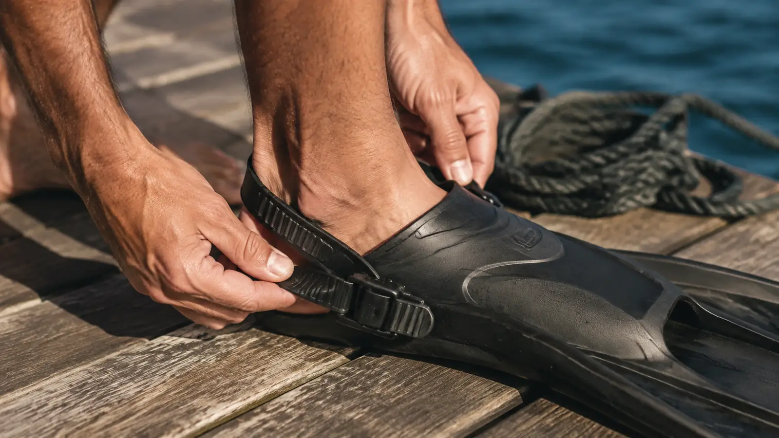 Close-up of hands tightening the heel strap of an open-heel dive fin on a wooden dock