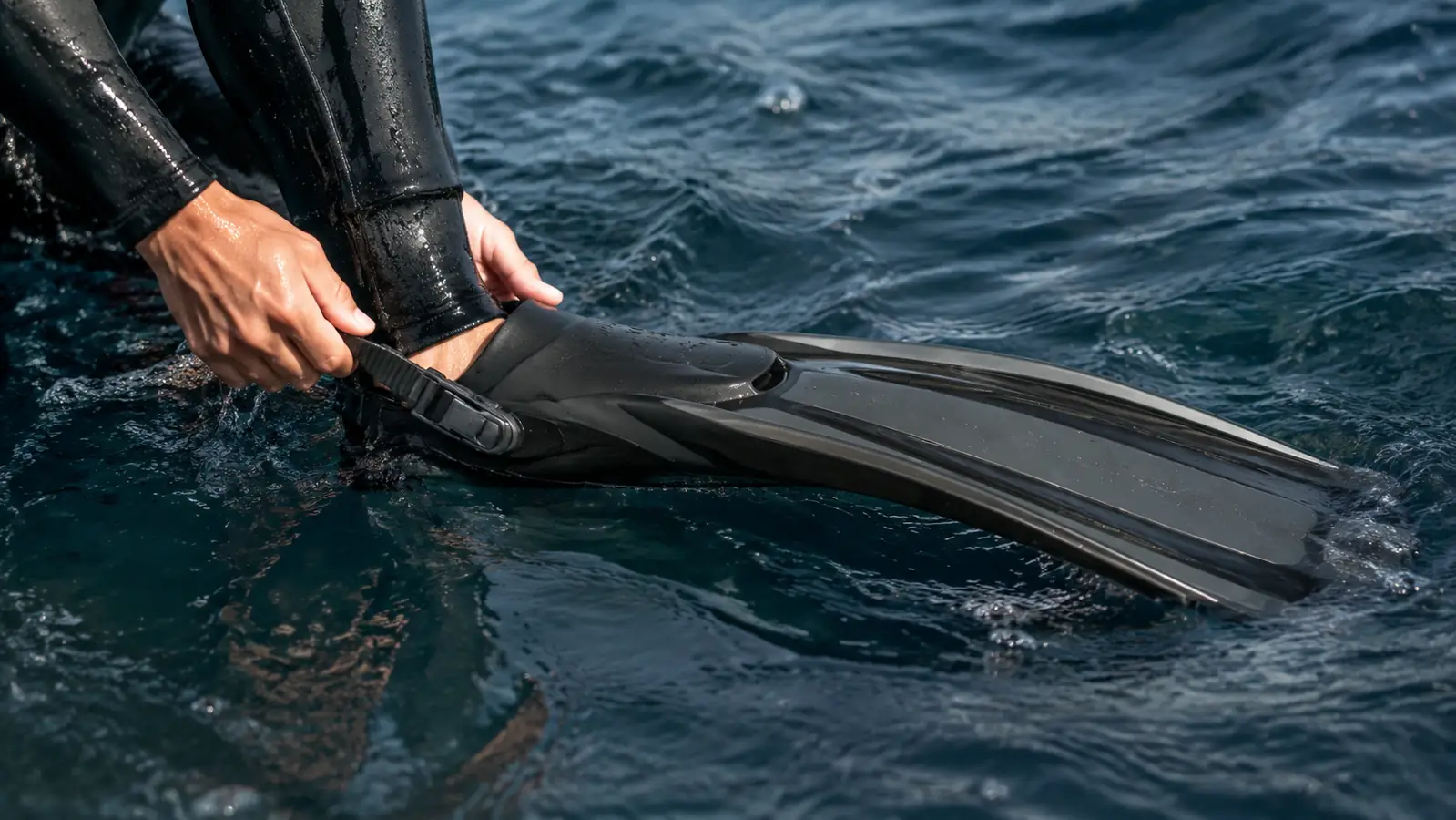 A diver at the surface cinching the ankle strap on an open-heel fin