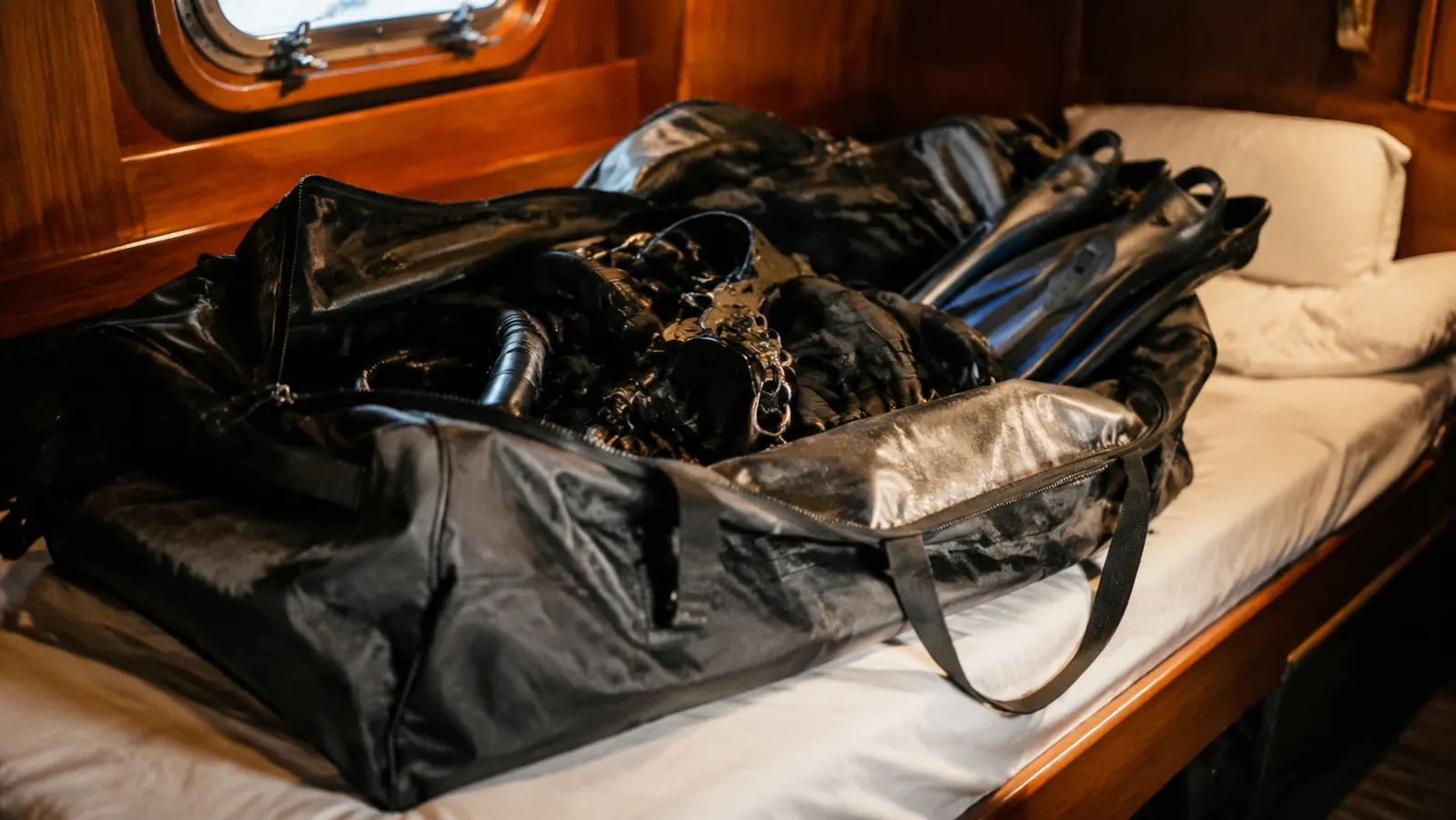 An open duffel on a bunk with open-heel fins tucked along one side