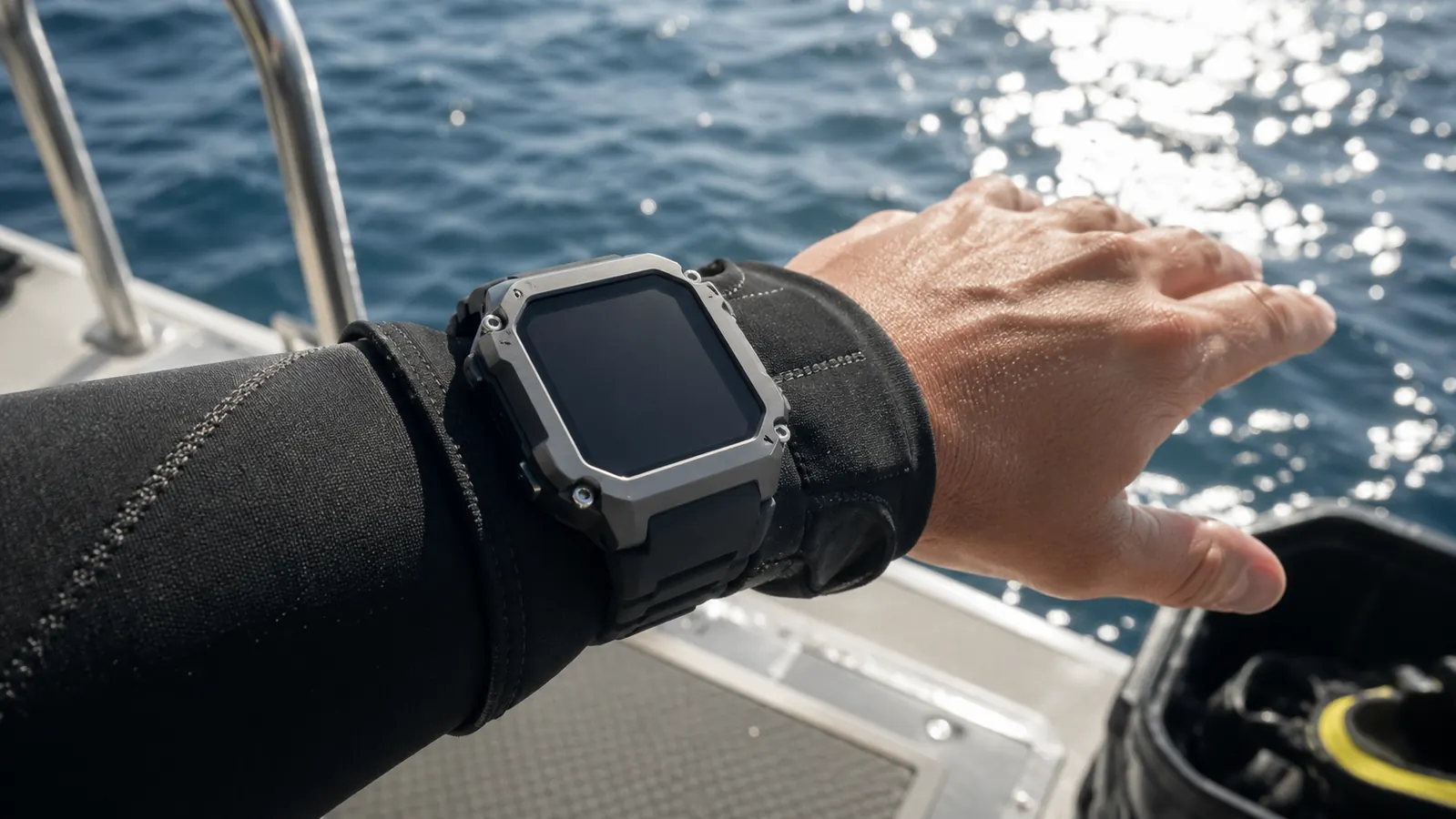 Gloved hand holding an outstretched forearm wearing a dive computer on a boat deck, screen angled to catch the light