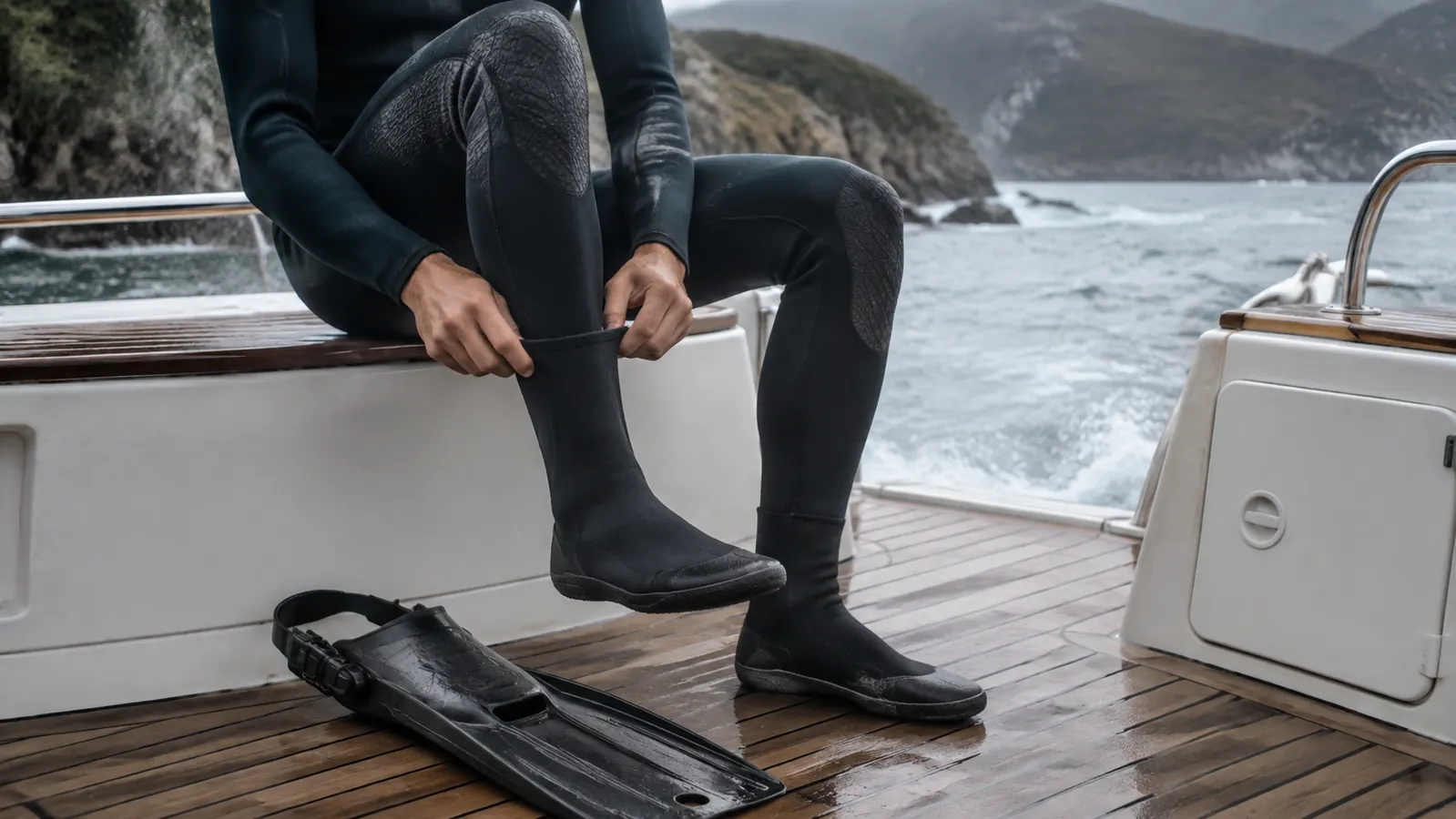 Diver in a wetsuit sitting on a boat bench pulling a neoprene boot onto one foot, an open-heel fin resting beside him on the teak deck