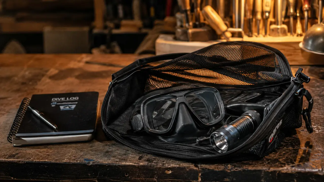 Frameless mask folded flat in a mesh gear bag on a wooden workbench next to a logbook and a dive light